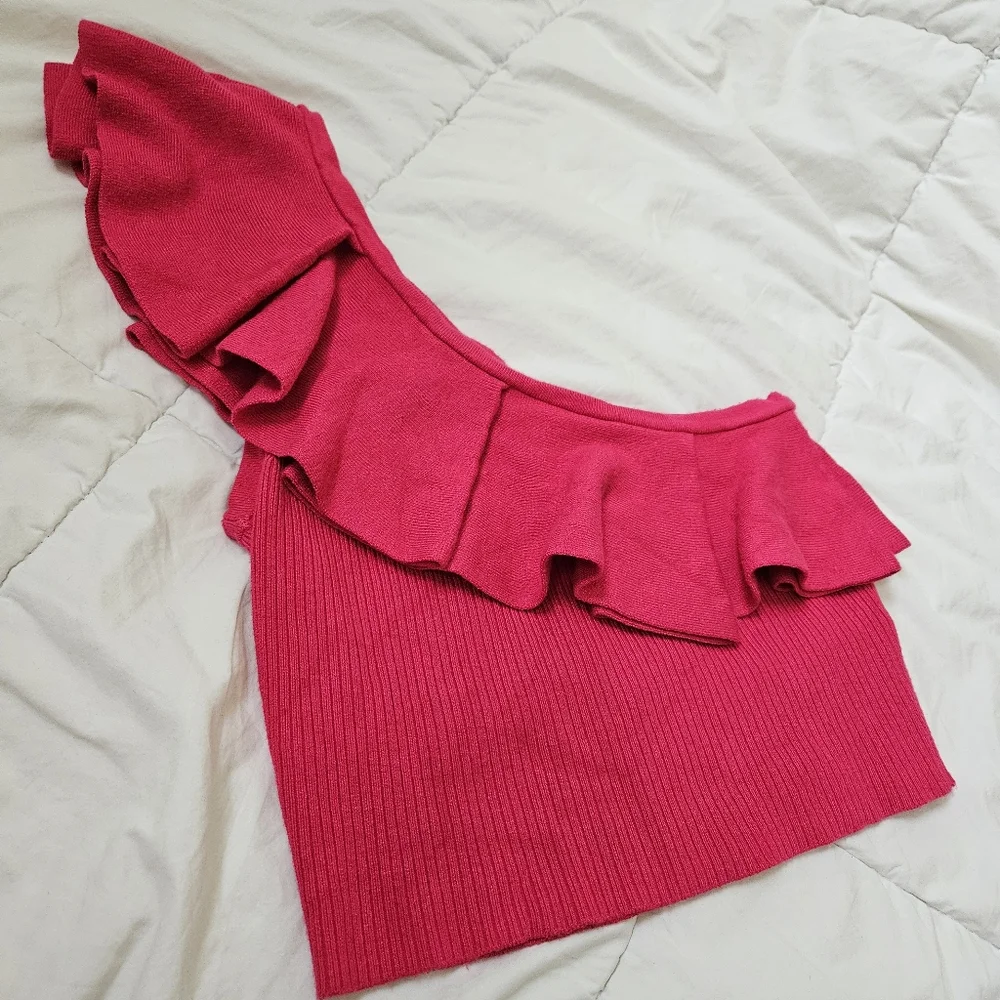 Express Pink Ruffle One Shoulder Cropped Sweater Tank - Picture 4 of 12
